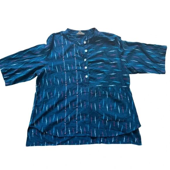 Market Place Handwork Of India Blue Cotton 3/4 Length Sleeve Tunic Size 1W - Picture 3 of 10